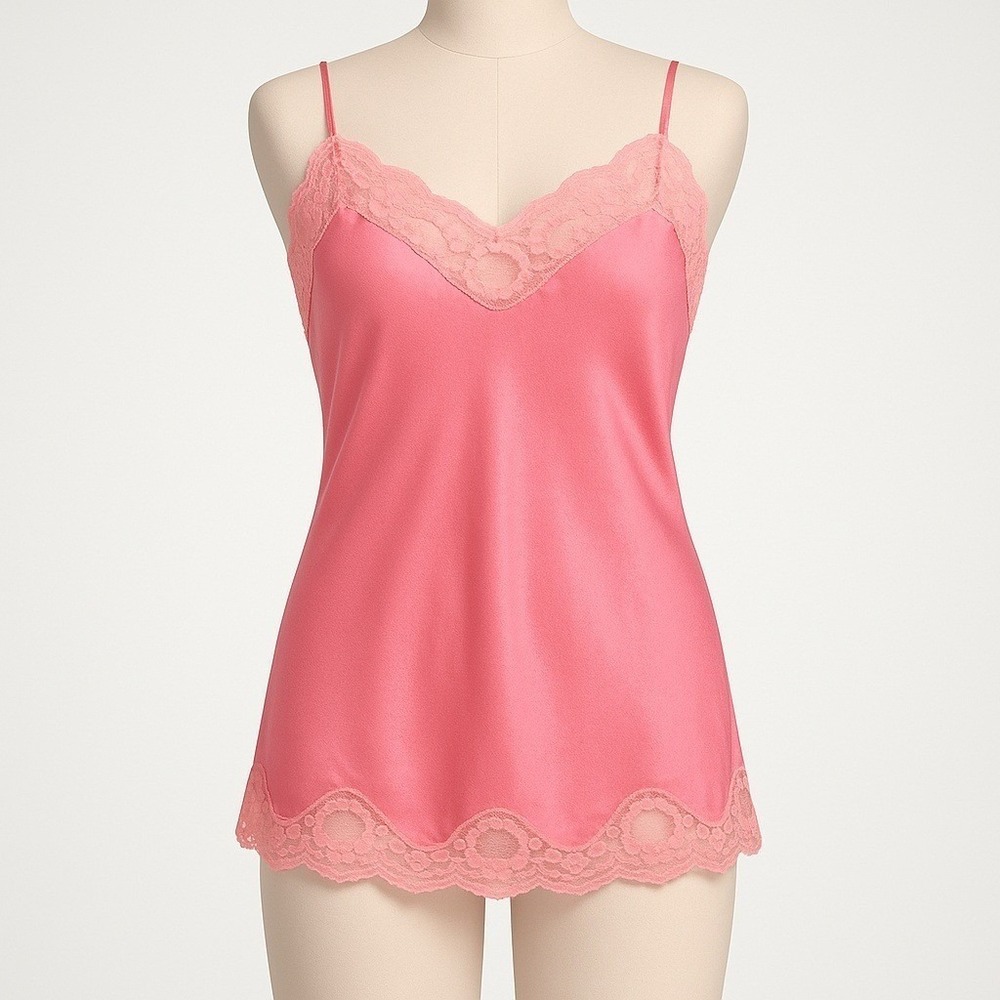 Vintage Y2K Lace Fairy Satin Cami Top Sz M Pink Scalloped Hem Romantic Lingerie